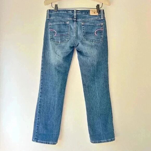 Y2K American Eagle Limited Blue Issue Cropped Jeans Women’s 2 Reg Pink Stitch - Picture 3 of 14